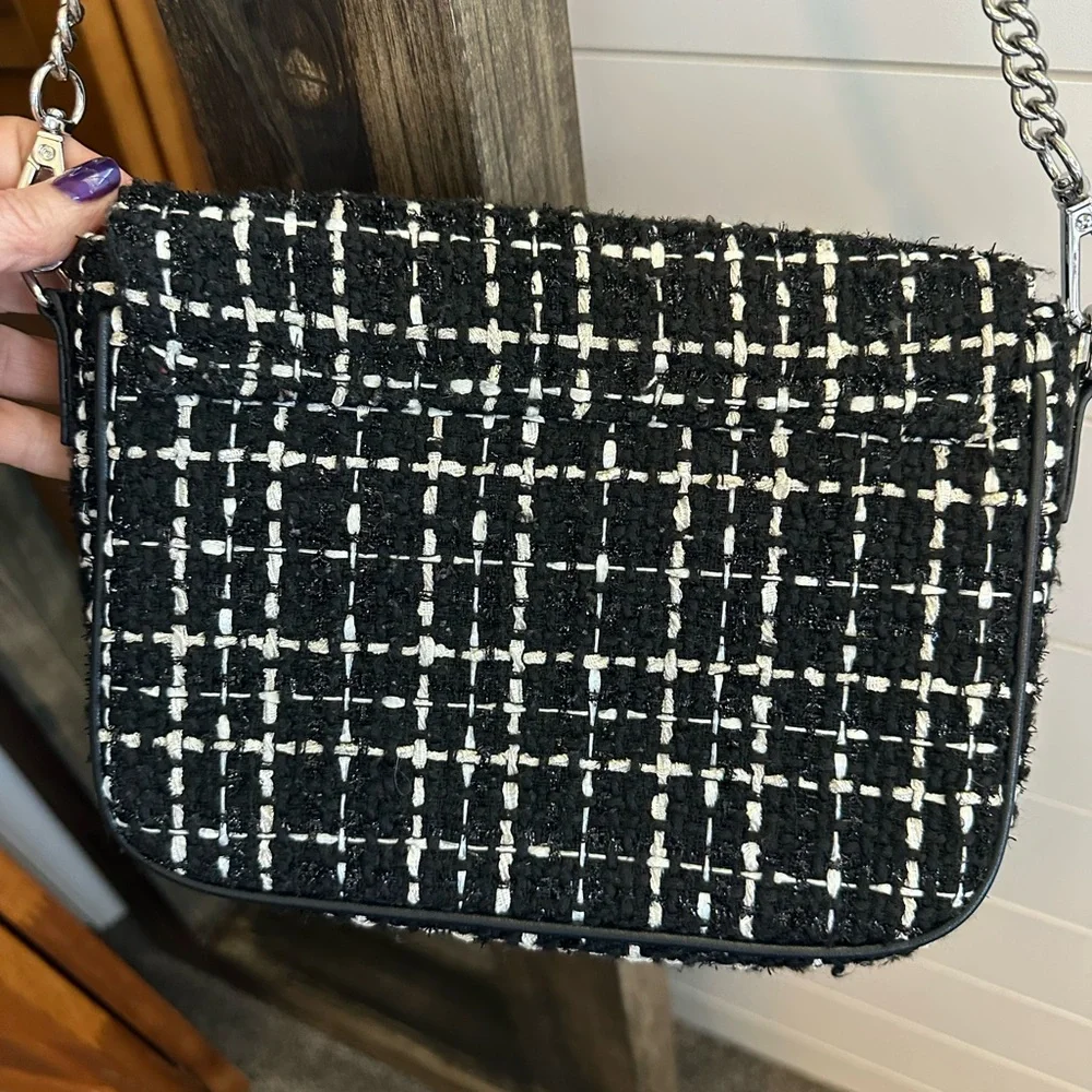 Nine West tweed crossbody bag black cream chain strap shoulder purse - Picture 4 of 6